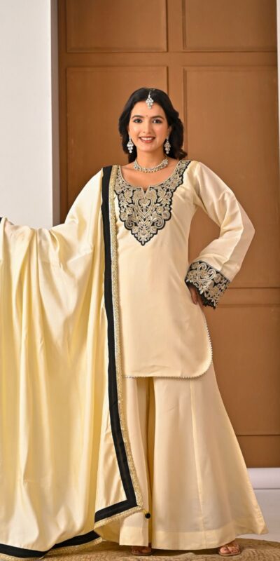 MD 3079 Cream Color Roman Silk Salwar Suit with Embroidery Work. Available at ₹2499 only. Delivery 4-6 Working Days. Shop now. | Jump Suits, Straight Suits, Casual Suits, Creative suits, Palazzo Suits, Party Wear Suits, Patiala Suits, Salwar suit