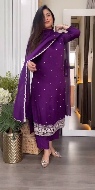 DC 98 Purple Color Chinon Silk Sawlar Suit with Embroidery Work. Exclusive Offer ₹1799. Delivery 4-6 Working Days. Shop now. | Jump Suits, Straight Suits, Casual Suits, Creative suits, Designer Suits, Palazzo Suits, Party Wear Suits, Patiala Suits, Salwar suit
