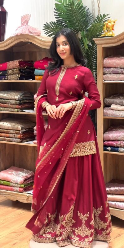 MF 501 Red Natural Crep Salwar Suit Brown with Embroidery Work. Exclusive Offer ₹2549. Delivery 4-6 Working Days. Shop now. | Jump Suits, Straight Suits, Casual Suits, Creative suits, Designer Suits, Palazzo Suits, Party Wear Suits, Patiala Suits, Salwar suit