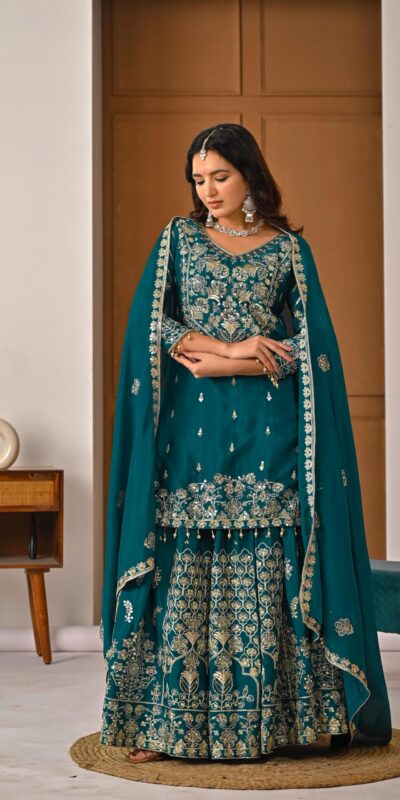 NF 1245 Teal Chinon Silk Lehenga Choli with Embroidery Work & Zari Work. Now at just ₹2449. Delivery 4-6 Working Days. Shop now. | Bollywood Lehenga, Creative Lehenga, Designer Lehenga, Embroidered Lehenga, Lehenga, Party Wear Lehenga