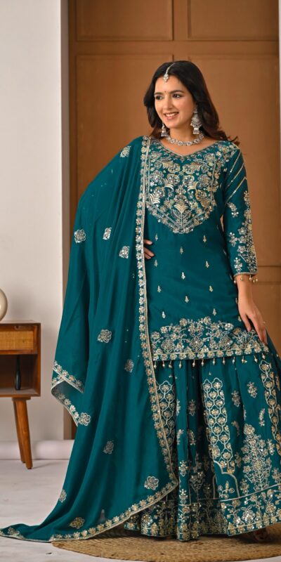 NF 1245 Teal Chinon Silk Lehenga Choli with Embroidery Work & Zari Work. Now at just ₹2449. Delivery 4-6 Working Days. Shop now. | Bollywood Lehenga, Creative Lehenga, Designer Lehenga, Embroidered Lehenga, Lehenga, Party Wear Lehenga