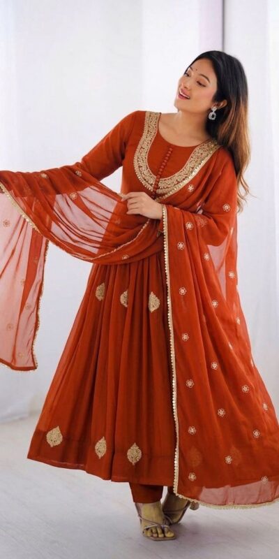 ZF 5018 Orange Color Blooming Georgette Gown With Coding Work . Get it for ₹2049. Delivery 4-6 Working Days. Online Shop now. | Bollywood Gowns, Creative Gowns, Designer Gowns, Embroidered Gowns, Gowns, Party Wear Gowns