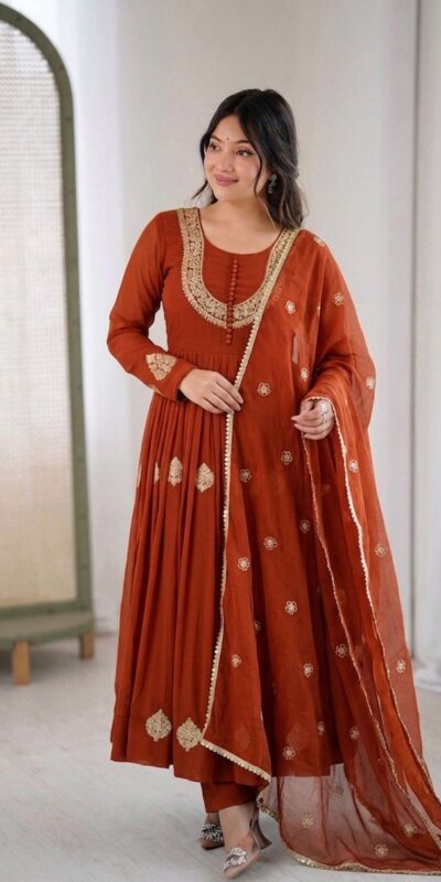 ZF 5018 Orange Color Blooming Georgette Gown With Coding Work . Get it for ₹2049. Delivery 4-6 Working Days. Online Shop now. | Bollywood Gowns, Creative Gowns, Designer Gowns, Embroidered Gowns, Gowns, Party Wear Gowns