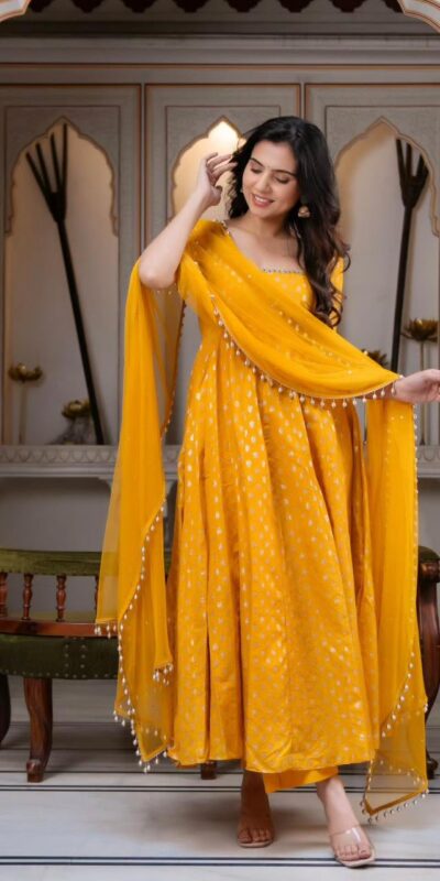 SRK 5347 Yellow Chanderi Jacquard Butti Salwar Suit with Mirror Work & Lace Work. Festive Deal ₹2149. Delivery 4-6 Working Days. Shop now. | Anarkali Suits, Bollywood Anarkali, Creative-Anarkali, Designer Anarkali, Embroidered Anarkali, Party Wear Anarkali