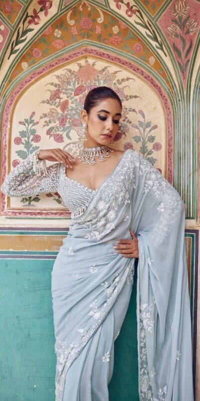 DF 3478 Sky Blue Faux Georgette Embroidery Work Saree . Perfect for Wedding, Party, Onam, Family ,Festive Deal ₹2049. Delivery 4-6 Working Days | Bollywood Sarees, Creative Sarees, Designer Sarees, Embroidered Sarees, Ethnic Saree, Modern Digital sarees, Party Wear Sarees, Sarees