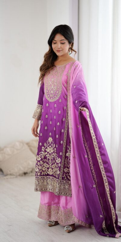 KD 1621 Purple Shaded Chinon silk Salwar Suit with Thread Embroidery. Festive Deal ₹2399. Delivery 4-6 Working Days. Shop now. | Jump Suits, Straight Suits, Casual Suits, Creative suits, Designer Suits, Palazzo Suits, Party Wear Suits, Patiala Suits, Salwar suit