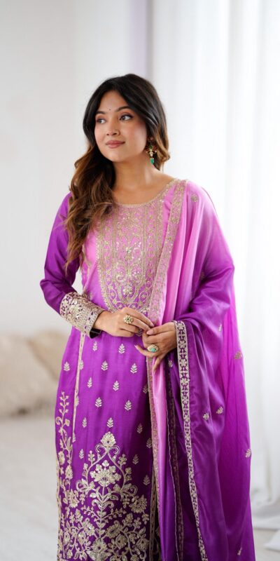 KD 1621 Purple Shaded Chinon silk Salwar Suit with Thread Embroidery. Festive Deal ₹2399. Delivery 4-6 Working Days. Shop now. | Jump Suits, Straight Suits, Casual Suits, Creative suits, Designer Suits, Palazzo Suits, Party Wear Suits, Patiala Suits, Salwar suit