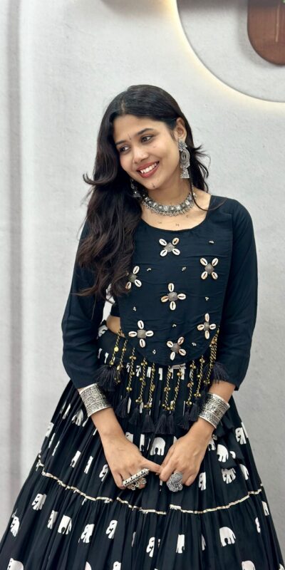 Ram 181 Black Color Pure Cotton Lehenga Choli with Cowrie Work. Festive Deal ₹2649. Delivery 4-6 Working Days. Online Shop now. | Bollywood Lehenga, Creative Lehenga, Designer Lehenga, Embroidered Lehenga, Lehenga, Party Wear Lehenga