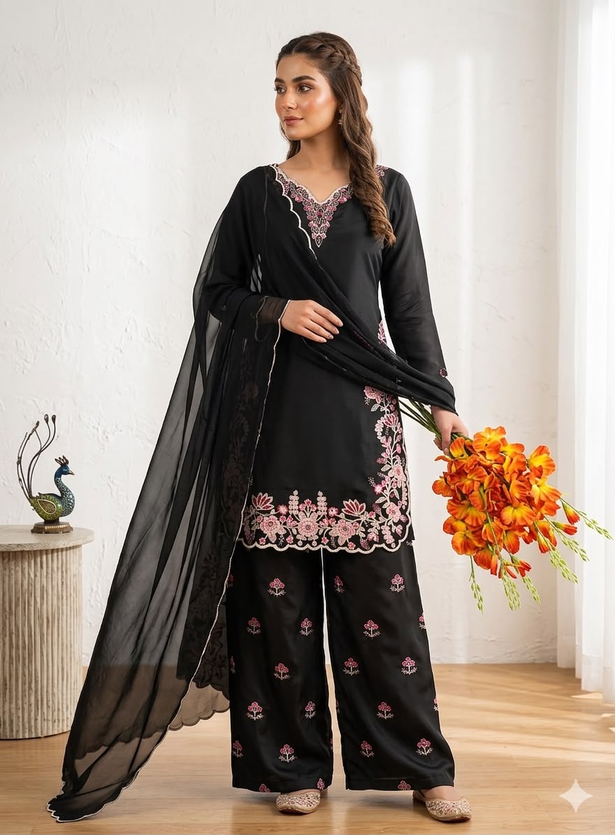 ND 5067 Black Vichitra Silk Salwar Suit with Embroidery Work. Wedding, Party, Festive, Events, Grab it for ₹2399. Delivery 4-6 Working Days. Shop now. | Jump Suits, Straight Suits, Casual Suits, Creative suits, Designer Suits, Palazzo Suits, Party Wear Suits, Patiala Suits, Salwar suit
