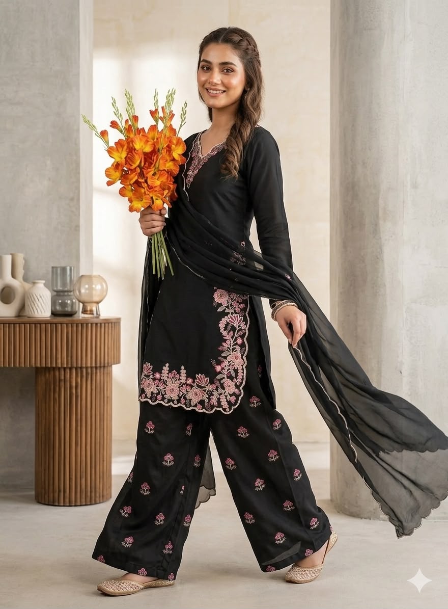ND 5067 Black Vichitra Silk Salwar Suit with Embroidery Work. Wedding, Party, Festive, Events, Grab it for ₹2399. Delivery 4-6 Working Days. Shop now. | Jump Suits, Straight Suits, Casual Suits, Creative suits, Designer Suits, Palazzo Suits, Party Wear Suits, Patiala Suits, Salwar suit