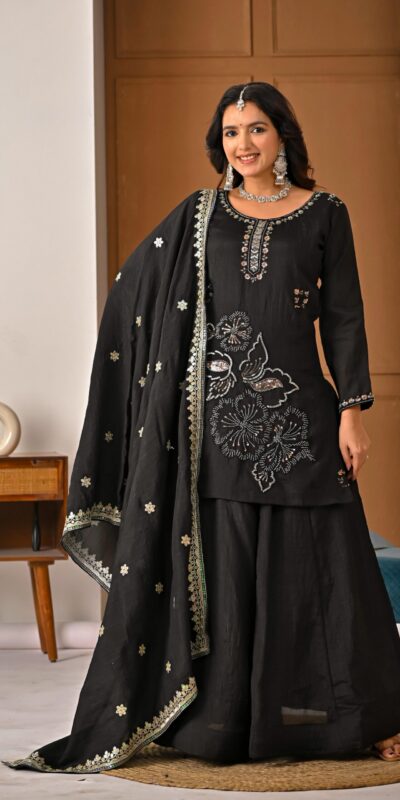 ND 5067 Black Vichitra Silk Salwar Suit with Embroidery Work. Wedding, Party, Festive, Events, Grab it for ₹2399. Delivery 4-6 Working Days. Shop now. | Jump Suits, Straight Suits, Casual Suits, Creative suits, Designer Suits, Palazzo Suits, Party Wear Suits, Patiala Suits, Salwar suit