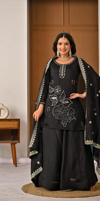ND 5067 Black Vichitra Silk Salwar Suit with Embroidery Work. Wedding, Party, Festive, Events, Grab it for ₹2399. Delivery 4-6 Working Days. Shop now. | Jump Suits, Straight Suits, Casual Suits, Creative suits, Designer Suits, Palazzo Suits, Party Wear Suits, Patiala Suits, Salwar suit