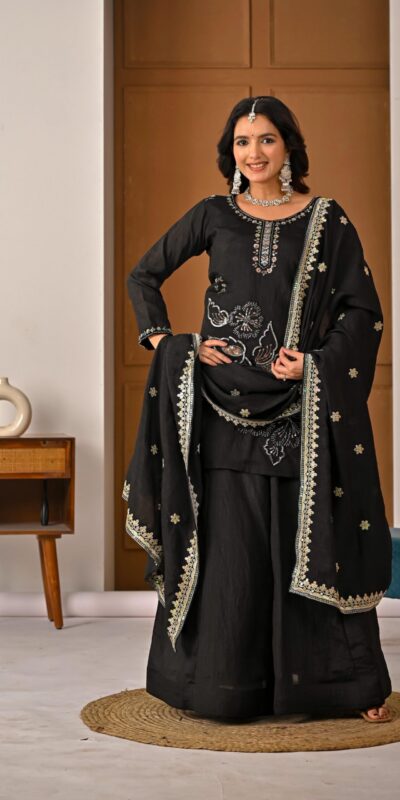 ND 5067 Black Vichitra Silk Salwar Suit with Embroidery Work. Wedding, Party, Festive, Events, Grab it for ₹2399. Delivery 4-6 Working Days. Shop now. | Jump Suits, Straight Suits, Casual Suits, Creative suits, Designer Suits, Palazzo Suits, Party Wear Suits, Patiala Suits, Salwar suit