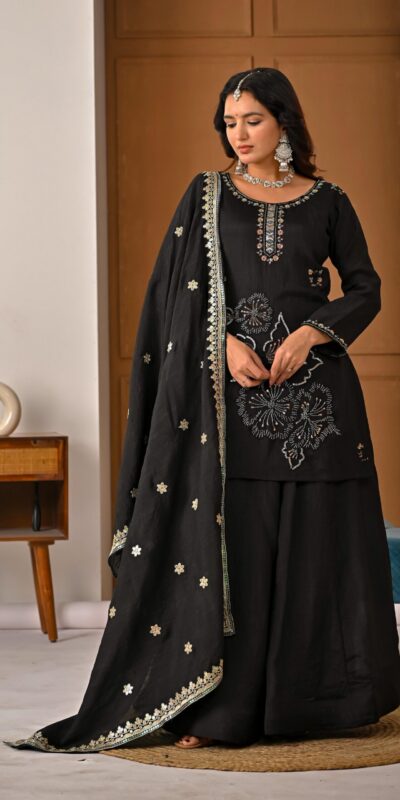 ND 5067 Black Vichitra Silk Salwar Suit with Embroidery Work. Wedding, Party, Festive, Events, Grab it for ₹2399. Delivery 4-6 Working Days. Shop now. | Jump Suits, Straight Suits, Casual Suits, Creative suits, Designer Suits, Palazzo Suits, Party Wear Suits, Patiala Suits, Salwar suit