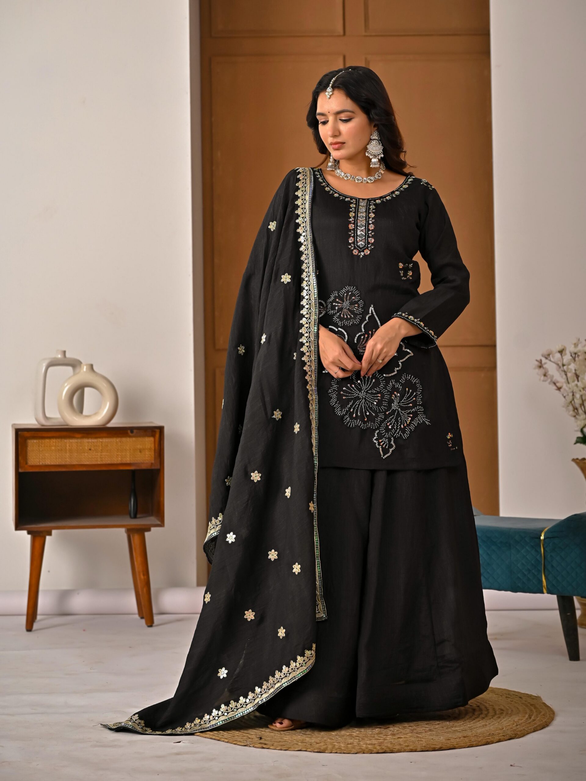 ND 5067 Black Vichitra Silk Salwar Suit with Embroidery Work. Wedding, Party, Festive, Events, Grab it for ₹2399. Delivery 4-6 Working Days. Shop now. | Jump Suits, Straight Suits, Casual Suits, Creative suits, Designer Suits, Palazzo Suits, Party Wear Suits, Patiala Suits, Salwar suit