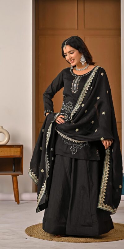ND 5067 Black Vichitra Silk Salwar Suit with Embroidery Work. Wedding, Party, Festive, Events, Grab it for ₹2399. Delivery 4-6 Working Days. Shop now. | Jump Suits, Straight Suits, Casual Suits, Creative suits, Designer Suits, Palazzo Suits, Party Wear Suits, Patiala Suits, Salwar suit