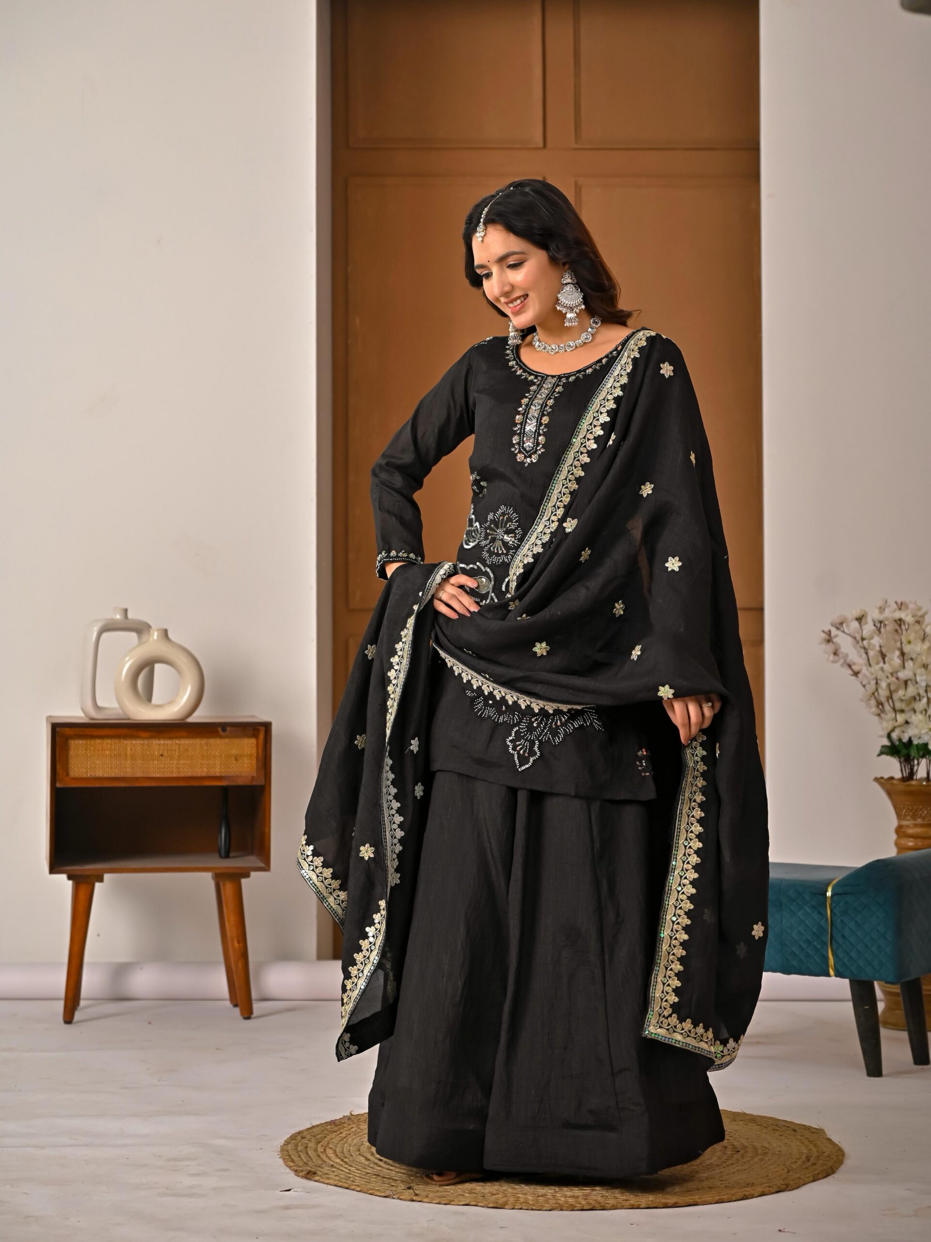 ND 5067 Black Vichitra Silk Salwar Suit with Embroidery Work. Wedding, Party, Festive, Events, Grab it for ₹2399. Delivery 4-6 Working Days. Shop now. | Jump Suits, Straight Suits, Casual Suits, Creative suits, Designer Suits, Palazzo Suits, Party Wear Suits, Patiala Suits, Salwar suit