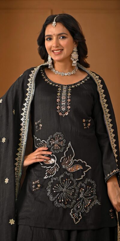 ND 5067 Black Vichitra Silk Salwar Suit with Embroidery Work. Wedding, Party, Festive, Events, Grab it for ₹2399. Delivery 4-6 Working Days. Shop now. | Jump Suits, Straight Suits, Casual Suits, Creative suits, Designer Suits, Palazzo Suits, Party Wear Suits, Patiala Suits, Salwar suit