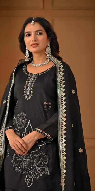ND 5067 Black Vichitra Silk Salwar Suit with Embroidery Work. Wedding, Party, Festive, Events, Grab it for ₹2399. Delivery 4-6 Working Days. Shop now. | Jump Suits, Straight Suits, Casual Suits, Creative suits, Designer Suits, Palazzo Suits, Party Wear Suits, Patiala Suits, Salwar suit