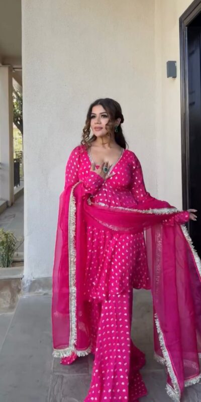 ZSR 3173 Pink Chanderi Jacquard Butti Salwar Suit with Mirror Work & Lace Work. Festive Deal ₹2049. Delivery 4-6 Working Days. Shop now. | Jump Suits, Straight Suits, Casual Suits, Creative suits, Designer Suits, Palazzo Suits, Party Wear Suits, Patiala Suits, Salwar suit