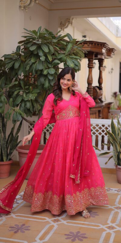 KA 1235 Pink Color Russian Silk Gown with Zari Work & Embroidery Work. Now at just ₹2499. Delivery 4-6 Working Days. Shop now. | Bollywood Gowns, Creative Gowns, Designer Gowns, Embroidered Gowns, Gowns, Party Wear Gowns