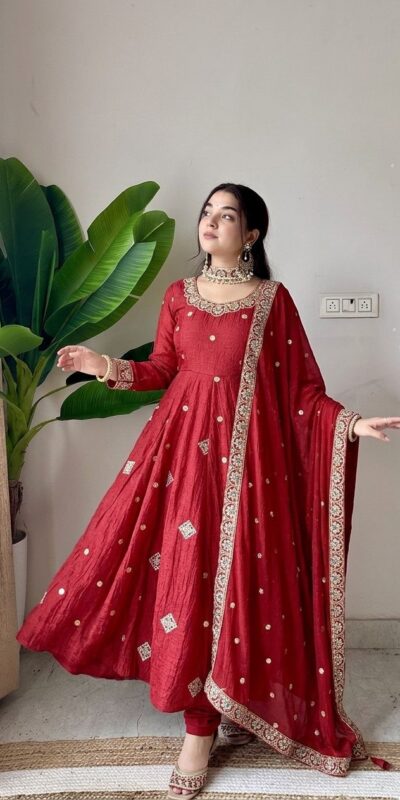 SRK 5351 Red Crunchy Silk Gown Perfect for Wedding, Party, Haldi, Anniversary, Holi – . Affordable Price ₹2149. Delivery 4-6 Working Days. Shop now. | Bollywood Gowns, Creative Gowns, Designer Gowns, Embroidered Gowns, Gowns, Party Wear Gowns