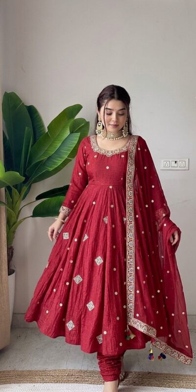 SRK 5351 Red Crunchy Silk Gown Perfect for Wedding, Party, Haldi, Anniversary, Holi – . Affordable Price ₹2149. Delivery 4-6 Working Days. Shop now. | Bollywood Gowns, Creative Gowns, Designer Gowns, Embroidered Gowns, Gowns, Party Wear Gowns