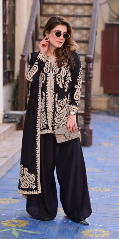 KD 1631 Black Black Faux Georgette Salwar Suit with Embroidery Work. Get it for ₹2099. Delivery 4-6 Working Days. Shop now. | Jump Suits, Straight Suits, Casual Suits, Creative suits, Designer Suits, Palazzo Suits, Party Wear Suits, Patiala Suits, Salwar suit