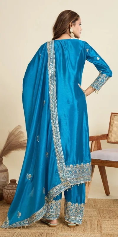 ZD 10020 Blue Chinon Silk Salwar Suit Perfect for Wedding, Party, Ganesh Chaturthi, Baby Shower, Makar Sankranti – . Affordable Price ₹1999. | Jump Suits, Straight Suits, Casual Suits, Creative suits, Designer Suits, Palazzo Suits, Party Wear Suits, Patiala Suits, Salwar suit