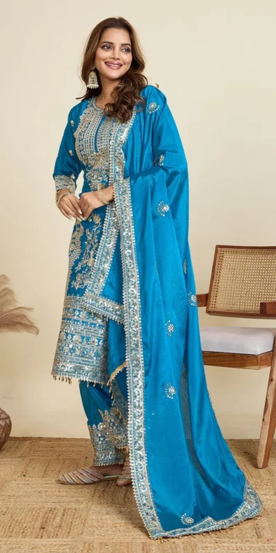ZD 10020 Blue Chinon Silk Salwar Suit Perfect for Wedding, Party, Ganesh Chaturthi, Baby Shower, Makar Sankranti – . Affordable Price ₹1999. | Jump Suits, Straight Suits, Casual Suits, Creative suits, Designer Suits, Palazzo Suits, Party Wear Suits, Patiala Suits, Salwar suit