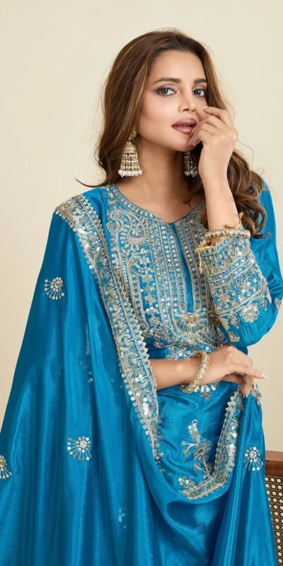 ZD 10020 Blue Chinon Silk Salwar Suit Perfect for Wedding, Party, Ganesh Chaturthi, Baby Shower, Makar Sankranti – . Affordable Price ₹1999. | Jump Suits, Straight Suits, Casual Suits, Creative suits, Designer Suits, Palazzo Suits, Party Wear Suits, Patiala Suits, Salwar suit