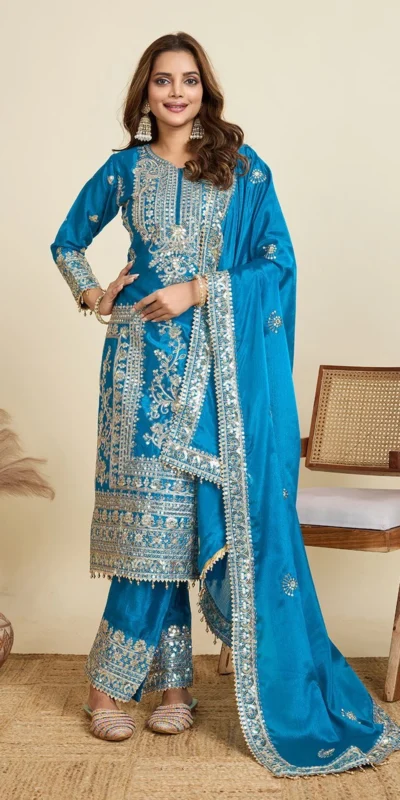 ZD 10020 Blue Chinon Silk Salwar Suit Perfect for Wedding, Party, Ganesh Chaturthi, Baby Shower, Makar Sankranti – . Affordable Price ₹1999. | Jump Suits, Straight Suits, Casual Suits, Creative suits, Designer Suits, Palazzo Suits, Party Wear Suits, Patiala Suits, Salwar suit