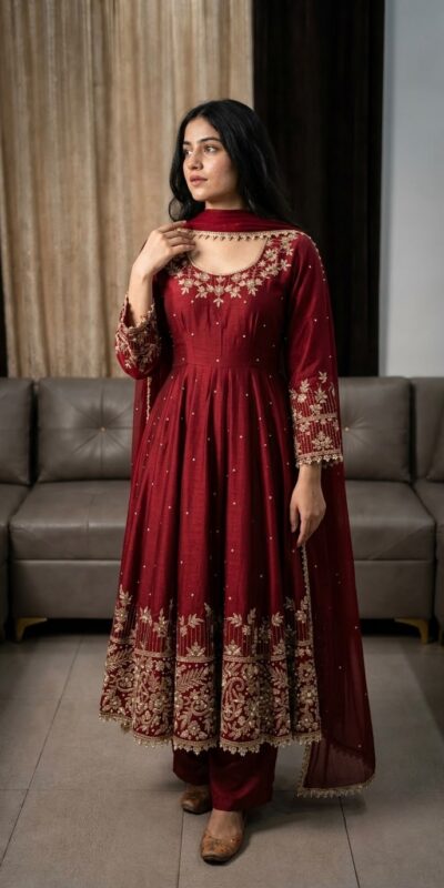 SR 1719 Maroon Faux Georgette Gown Perfect for Wedding, Party, Raksha Bandhan, Temple Visit, Onam – . Get it for ₹2149. Delivery 4-6 Working Days. Shop now | Bollywood Gowns, Creative Gowns, Designer Gowns, Embroidered Gowns, Gowns, Party Wear Gowns