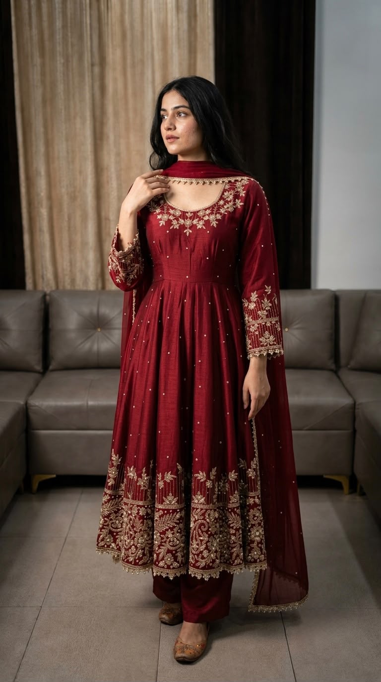 SR 1719 Maroon Faux Georgette Gown Perfect for Wedding, Party, Raksha Bandhan, Temple Visit, Onam – . Get it for ₹2149. Delivery 4-6 Working Days. Shop now | Bollywood Gowns, Creative Gowns, Designer Gowns, Embroidered Gowns, Gowns, Party Wear Gowns