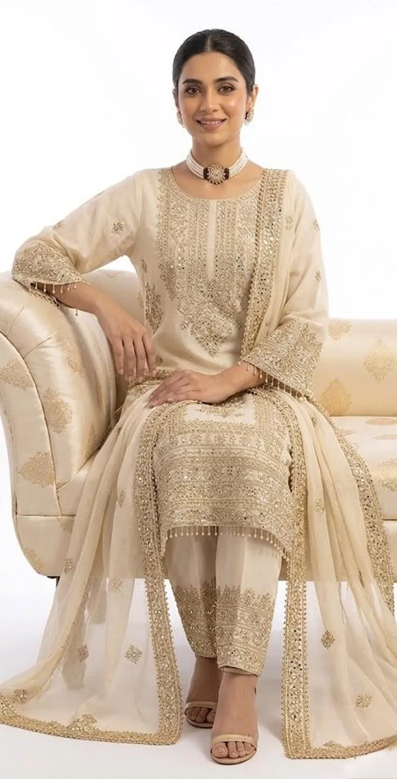 ZD 10020 Off White Chinon Silk Salwar Suit Perfect for Wedding, Party, Ganesh Chaturthi, Baby Shower, Makar Sankranti – . Affordable Price ₹1999. | Jump Suits, Straight Suits, Casual Suits, Creative suits, Designer Suits, Palazzo Suits, Party Wear Suits, Patiala Suits, Salwar suit