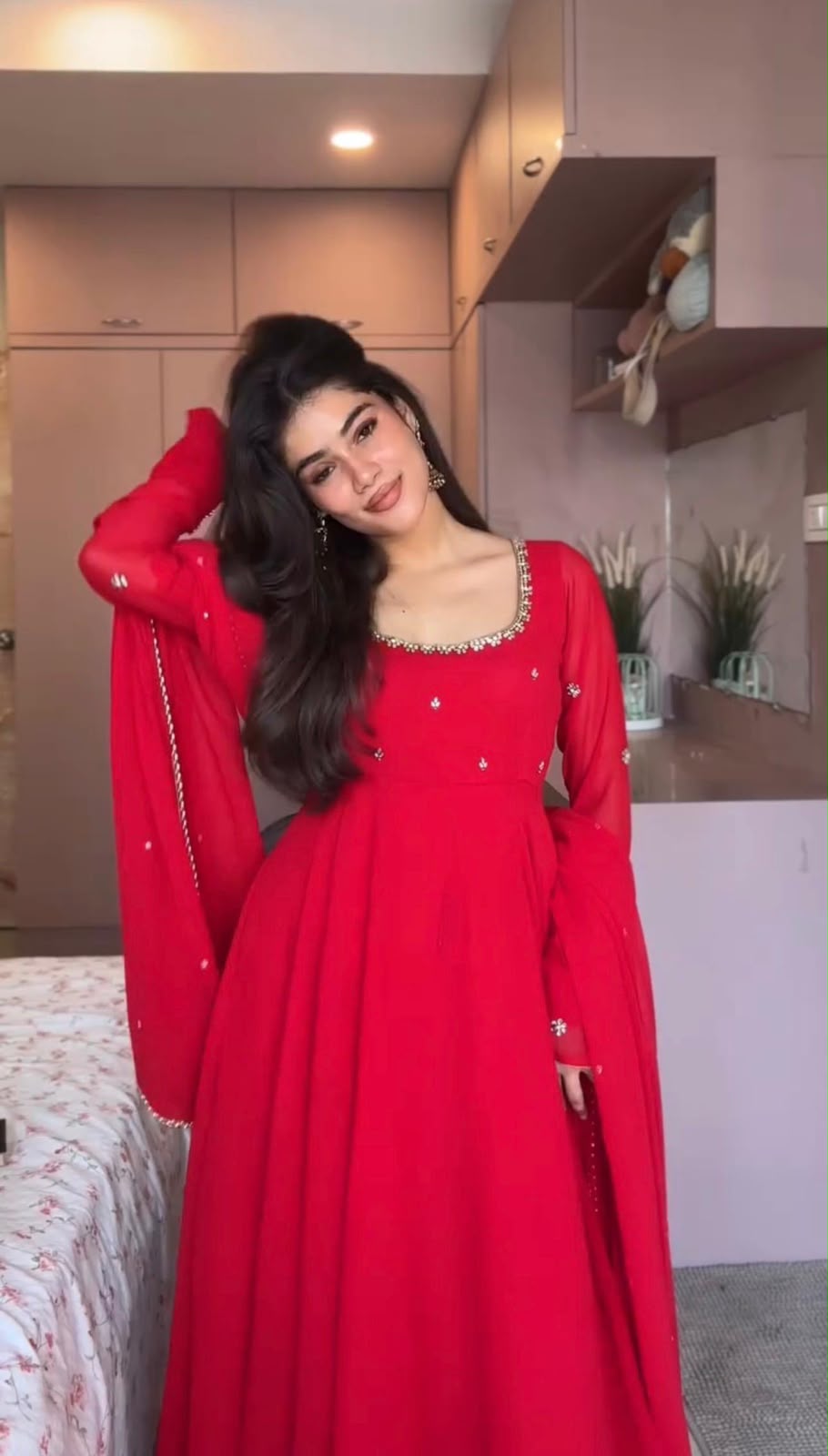 ZB 5074 Red Faux Georgette Gown Perfect for Wedding, Party, Raksha Bandhan, Temple Visit, Onam – . Get it for ₹1899. Delivery 4-6 Working Days. Shop now | Bollywood Gowns, Creative Gowns, Designer Gowns, Embroidered Gowns, Gowns, Party Wear Gowns