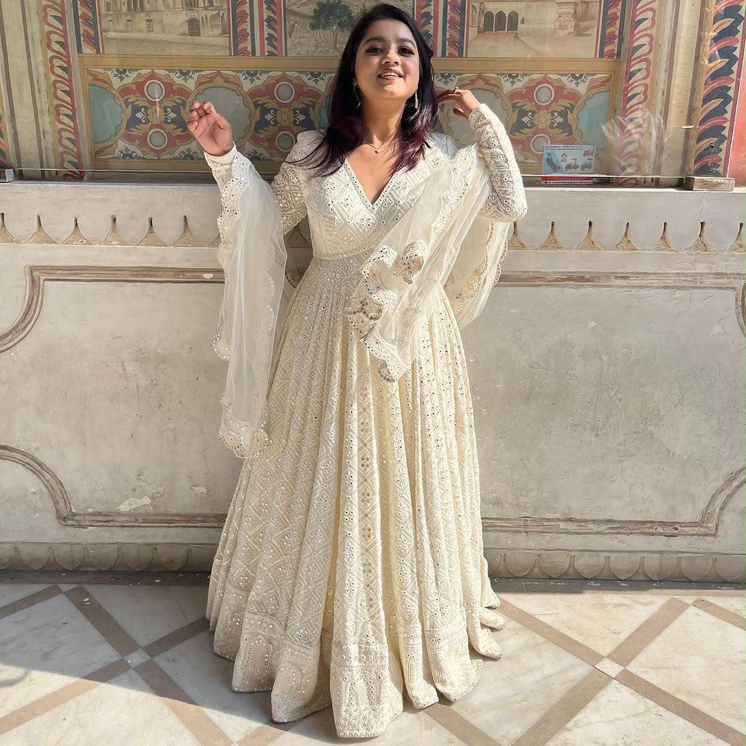 ZB 5029 White Fox Georgette Gown Perfect for Wedding, Party, Makar Sankranti, Festival Celebrations, Engagement –. Grab it for ₹2549. Delivery 4-6 Worki | Bollywood Gowns, Creative Gowns, Designer Gowns, Embroidered Gowns, Gowns, Party Wear Gowns