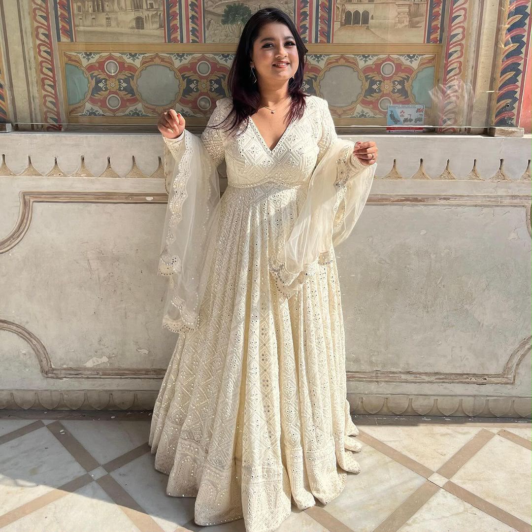 ZB 5029 White Fox Georgette Gown Perfect for Wedding, Party, Makar Sankranti, Festival Celebrations, Engagement –. Grab it for ₹2549. Delivery 4-6 Worki | Bollywood Gowns, Creative Gowns, Designer Gowns, Embroidered Gowns, Gowns, Party Wear Gowns
