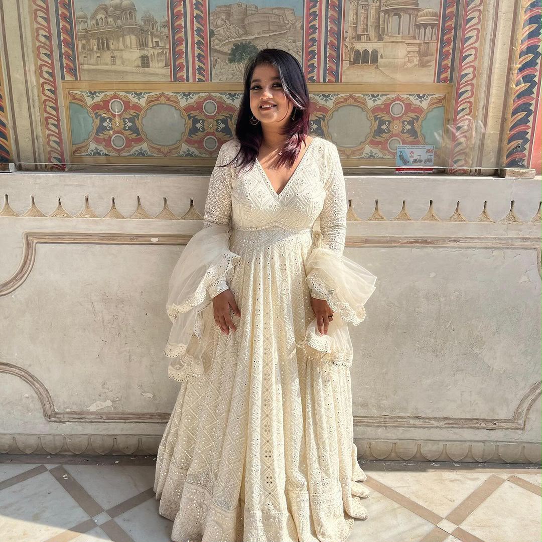 ZB 5029 White Fox Georgette Gown Perfect for Wedding, Party, Makar Sankranti, Festival Celebrations, Engagement –. Grab it for ₹2549. Delivery 4-6 Worki | Bollywood Gowns, Creative Gowns, Designer Gowns, Embroidered Gowns, Gowns, Party Wear Gowns
