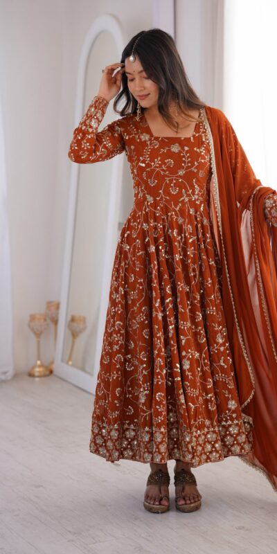 ZF 5024 Rust Fox Perfect for Wedding, Party, Durga Puja, Diwali, Anniversary –Georgette Gown. Now at just ₹2399. Delivery 4-6 Working Days. Shop now. | Bollywood Gowns, Creative Gowns, Designer Gowns, Embroidered Gowns, Gowns, Party Wear Gowns