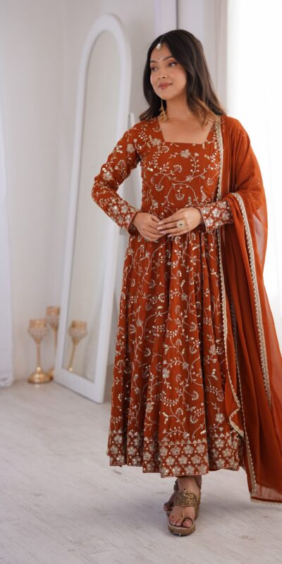 ZF 5024 Rust Fox Perfect for Wedding, Party, Durga Puja, Diwali, Anniversary –Georgette Gown. Now at just ₹2399. Delivery 4-6 Working Days. Shop now. | Bollywood Gowns, Creative Gowns, Designer Gowns, Embroidered Gowns, Gowns, Party Wear Gowns
