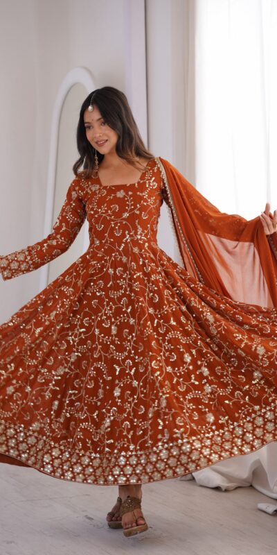 ZF 5024 Rust Fox Perfect for Wedding, Party, Durga Puja, Diwali, Anniversary –Georgette Gown. Now at just ₹2399. Delivery 4-6 Working Days. Shop now. | Bollywood Gowns, Creative Gowns, Designer Gowns, Embroidered Gowns, Gowns, Party Wear Gowns
