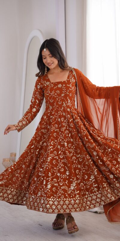 ZF 5024 Rust Fox Perfect for Wedding, Party, Durga Puja, Diwali, Anniversary –Georgette Gown. Now at just ₹2399. Delivery 4-6 Working Days. Shop now. | Bollywood Gowns, Creative Gowns, Designer Gowns, Embroidered Gowns, Gowns, Party Wear Gowns