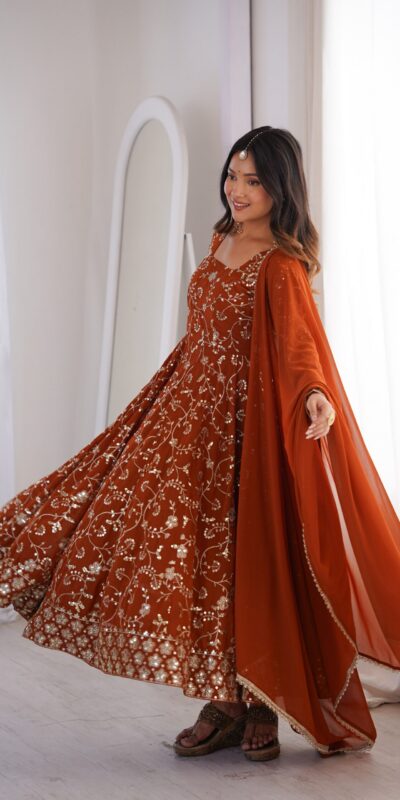 ZF 5024 Rust Fox Perfect for Wedding, Party, Durga Puja, Diwali, Anniversary –Georgette Gown. Now at just ₹2399. Delivery 4-6 Working Days. Shop now. | Bollywood Gowns, Creative Gowns, Designer Gowns, Embroidered Gowns, Gowns, Party Wear Gowns