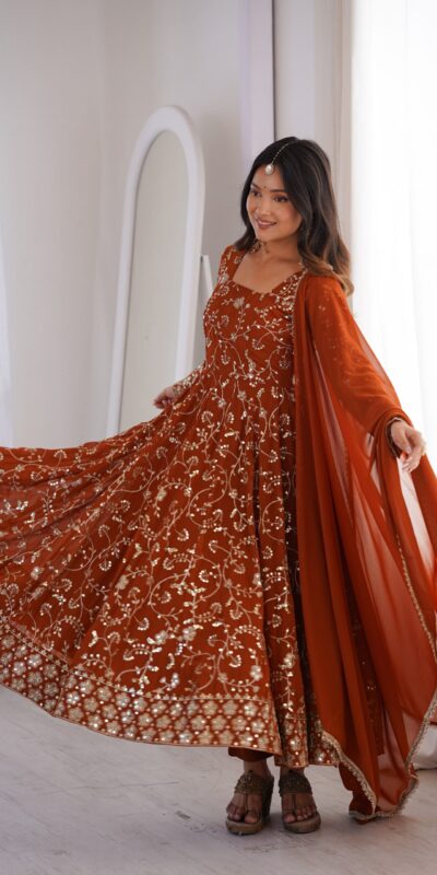 ZF 5024 Rust Fox Perfect for Wedding, Party, Durga Puja, Diwali, Anniversary –Georgette Gown. Now at just ₹2399. Delivery 4-6 Working Days. Shop now. | Bollywood Gowns, Creative Gowns, Designer Gowns, Embroidered Gowns, Gowns, Party Wear Gowns