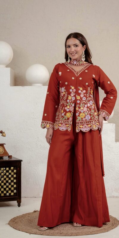 NF 1291 Rust Roman Silk Salwar Suit Perfect for Wedding, Party, Lohri, Onam, Reception – . Grab it for ₹2049. Delivery 4-6 Working Days. Shop now. | Jump Suits, Straight Suits, Casual Suits, Creative suits, Designer Suits, Palazzo Suits, Party Wear Suits, Patiala Suits, Salwar suit