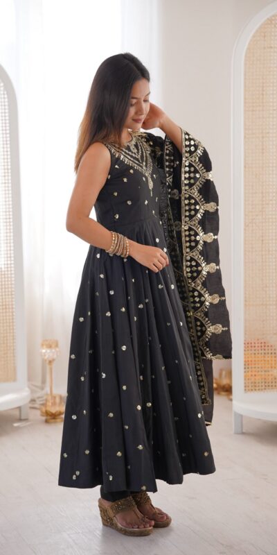 JF 038 Black Roman Silk Gown with Embroidery Work. Wedding, Party, Festive, Events, Navratri, Exclusive Offer ₹2149. Delivery 4-6 Working Days. Shop now. | Bollywood Gowns, Creative Gowns, Designer Gowns, Embroidered Gowns, Gowns, Party Wear Gowns