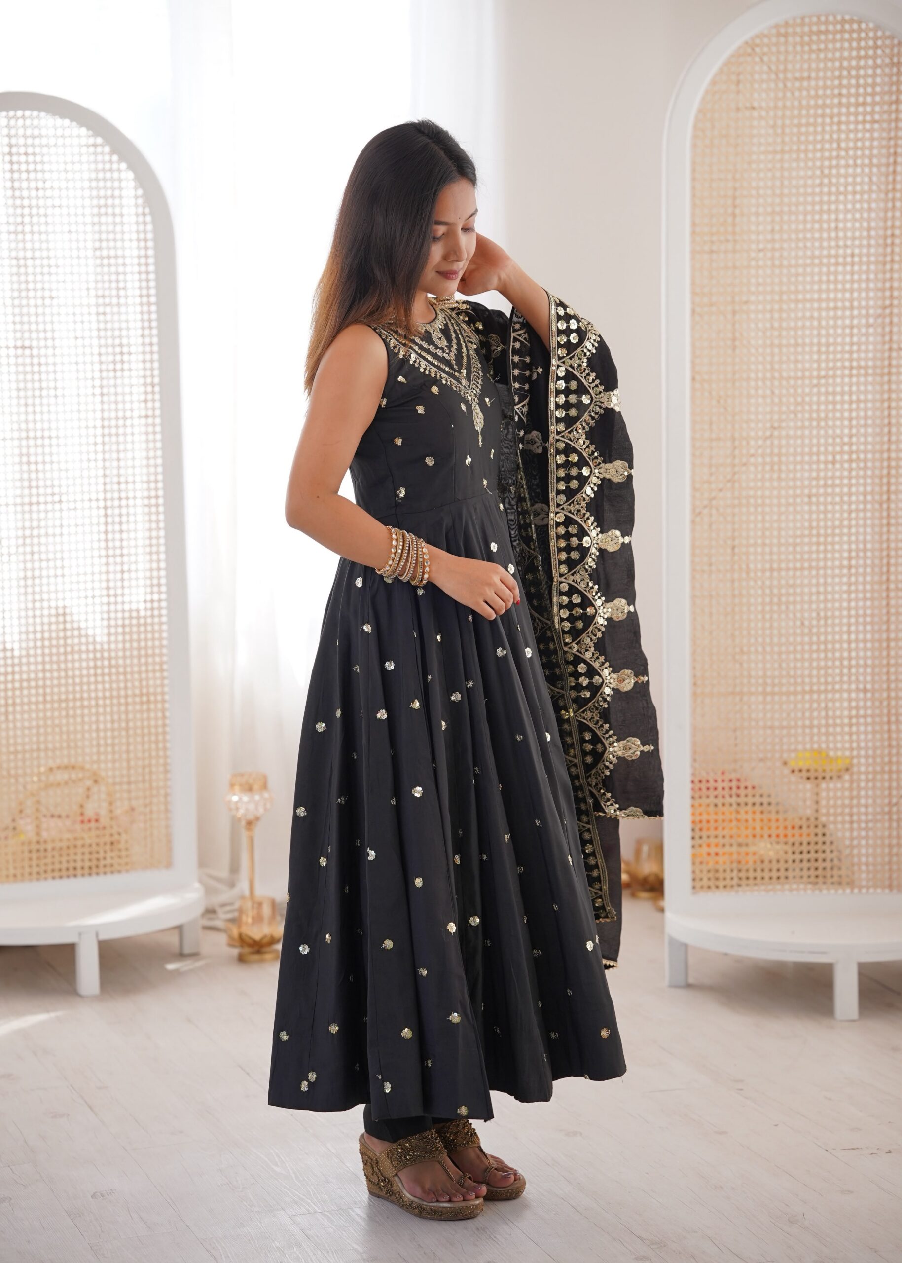 JF 038 Black Roman Silk Gown with Embroidery Work. Wedding, Party, Festive, Events, Navratri, Exclusive Offer ₹2149. Delivery 4-6 Working Days. Shop now. | Bollywood Gowns, Creative Gowns, Designer Gowns, Embroidered Gowns, Gowns, Party Wear Gowns