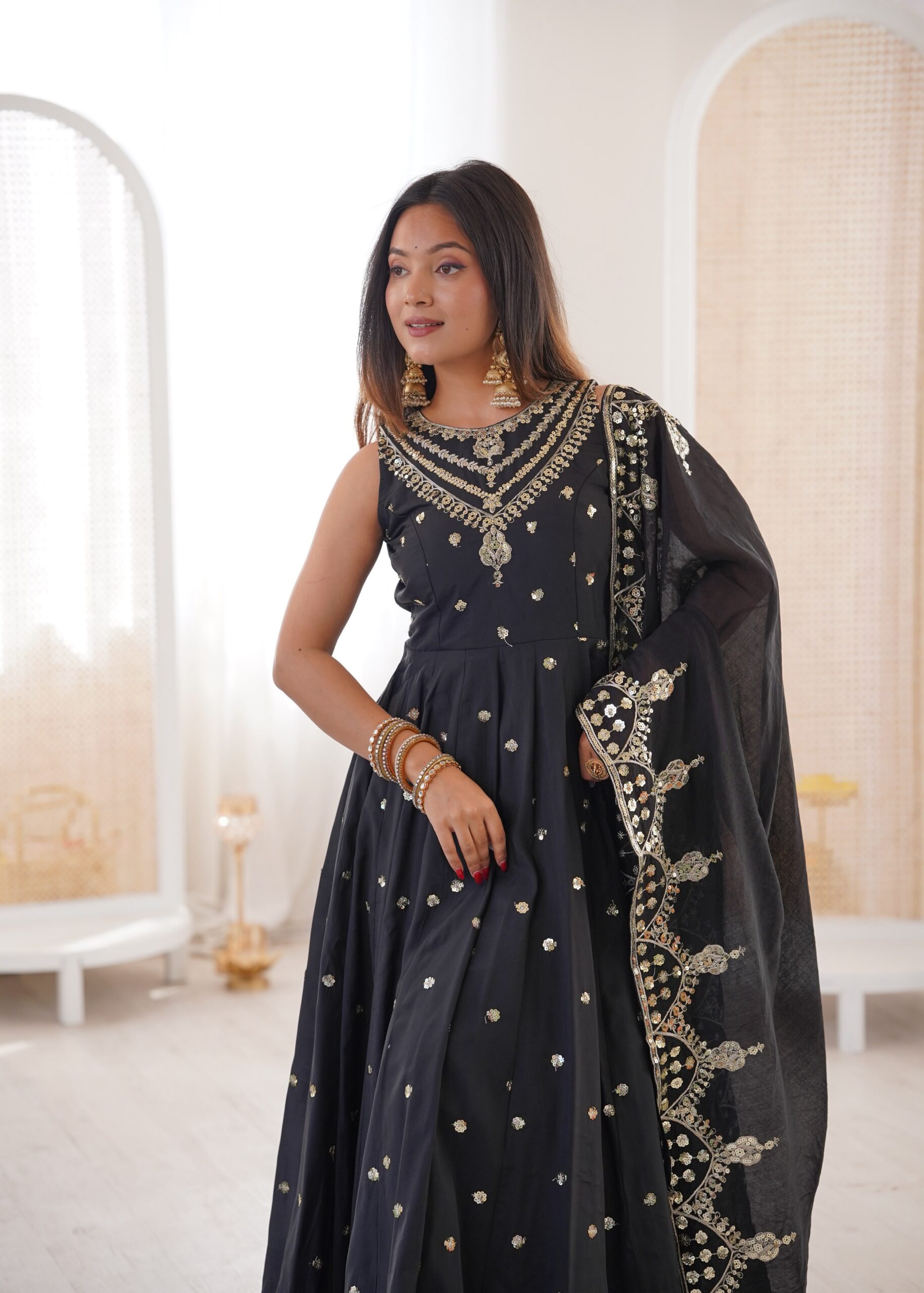 JF 038 Black Roman Silk Gown with Embroidery Work. Wedding, Party, Festive, Events, Navratri, Exclusive Offer ₹2149. Delivery 4-6 Working Days. Shop now. | Bollywood Gowns, Creative Gowns, Designer Gowns, Embroidered Gowns, Gowns, Party Wear Gowns