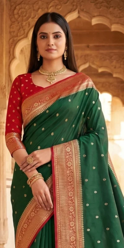 MB 6079 Green Soft Banarasi Silk Saree with Zari Work & Moti Work. Introductory Price ₹1949. Delivery 4-6 Working Days. Shop now. | Bollywood Sarees, Creative Sarees, Designer Sarees, Embroidered Sarees, Ethnic Saree, Modern Digital sarees, Party Wear Sarees, Sarees